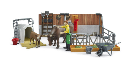 Bruder Toys Bworld Cow and Calf Barn with Farmer<br>(Shipped in 10-14 days)
