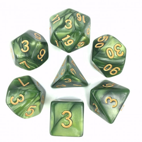 Grass Green ( Golden Font ) Pearl Polyhedral Dice Set ( 7Pcs )